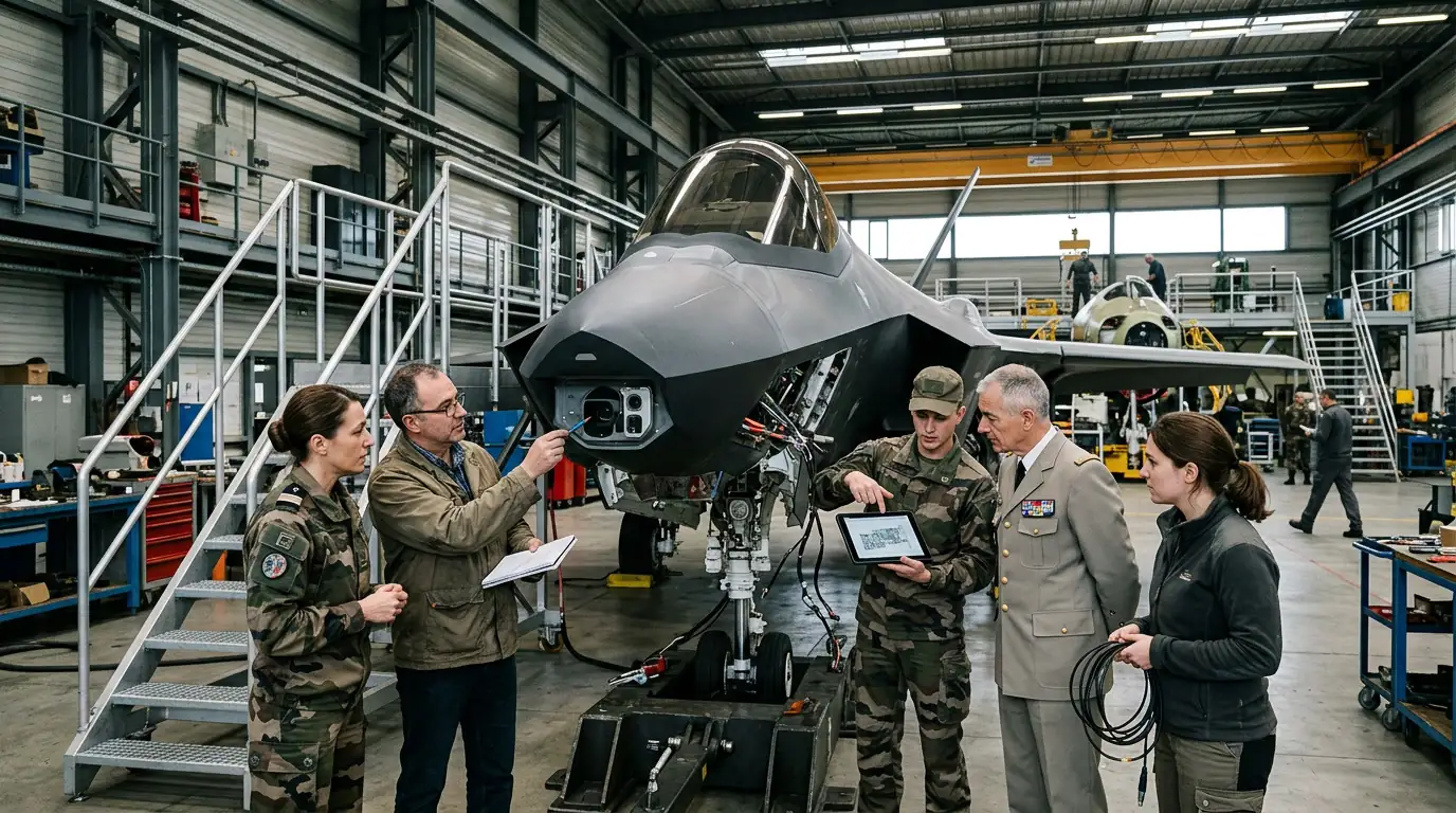 Ingénieurs et militaires examinant un prototype d'aéronef de défense en environnement industriel.