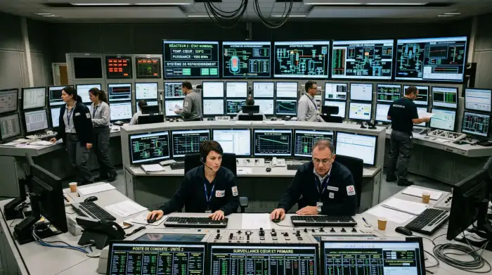 Salle de contrôle d'un réacteur nucléaire avancé avec écrans de surveillance.