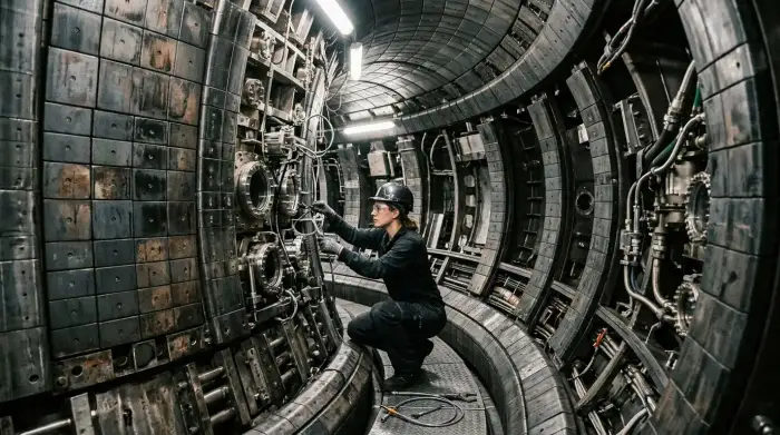 Intérieur d'une chambre à vide de tokamak, anneau métallique destiné à confiner un plasma de fusion.