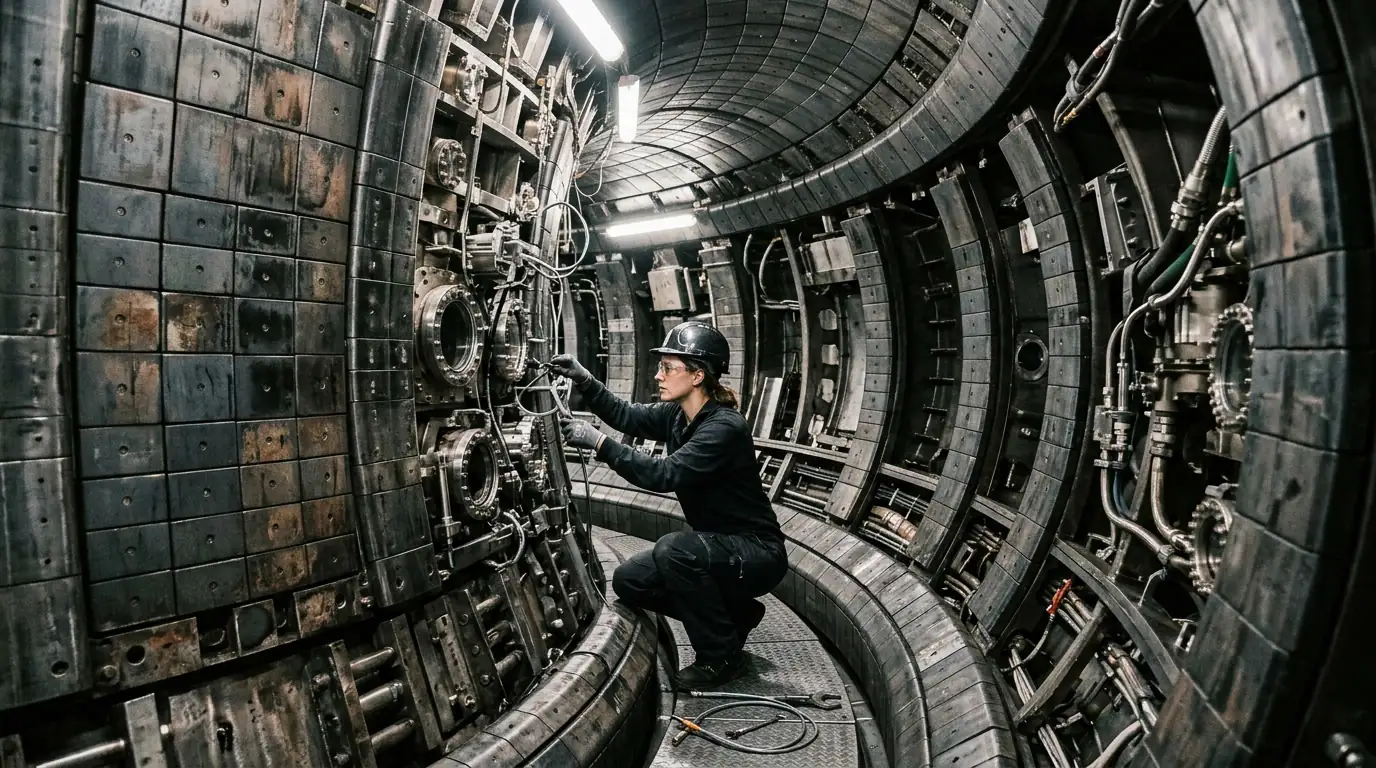 Intérieur d'une chambre à vide de tokamak, anneau métallique destiné à confiner un plasma de fusion.
