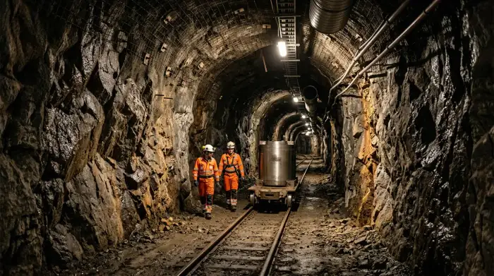Tunnel de stockage géologique profond pour combustible nucléaire usé, creusé dans la roche.