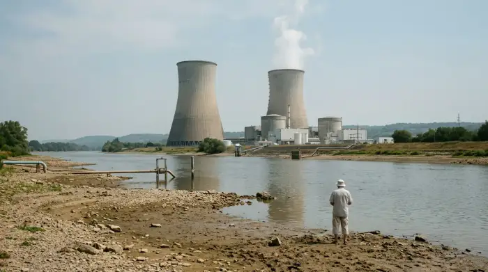 Centrale nucléaire au bord d'un fleuve aux eaux basses pendant une vague de chaleur estivale.