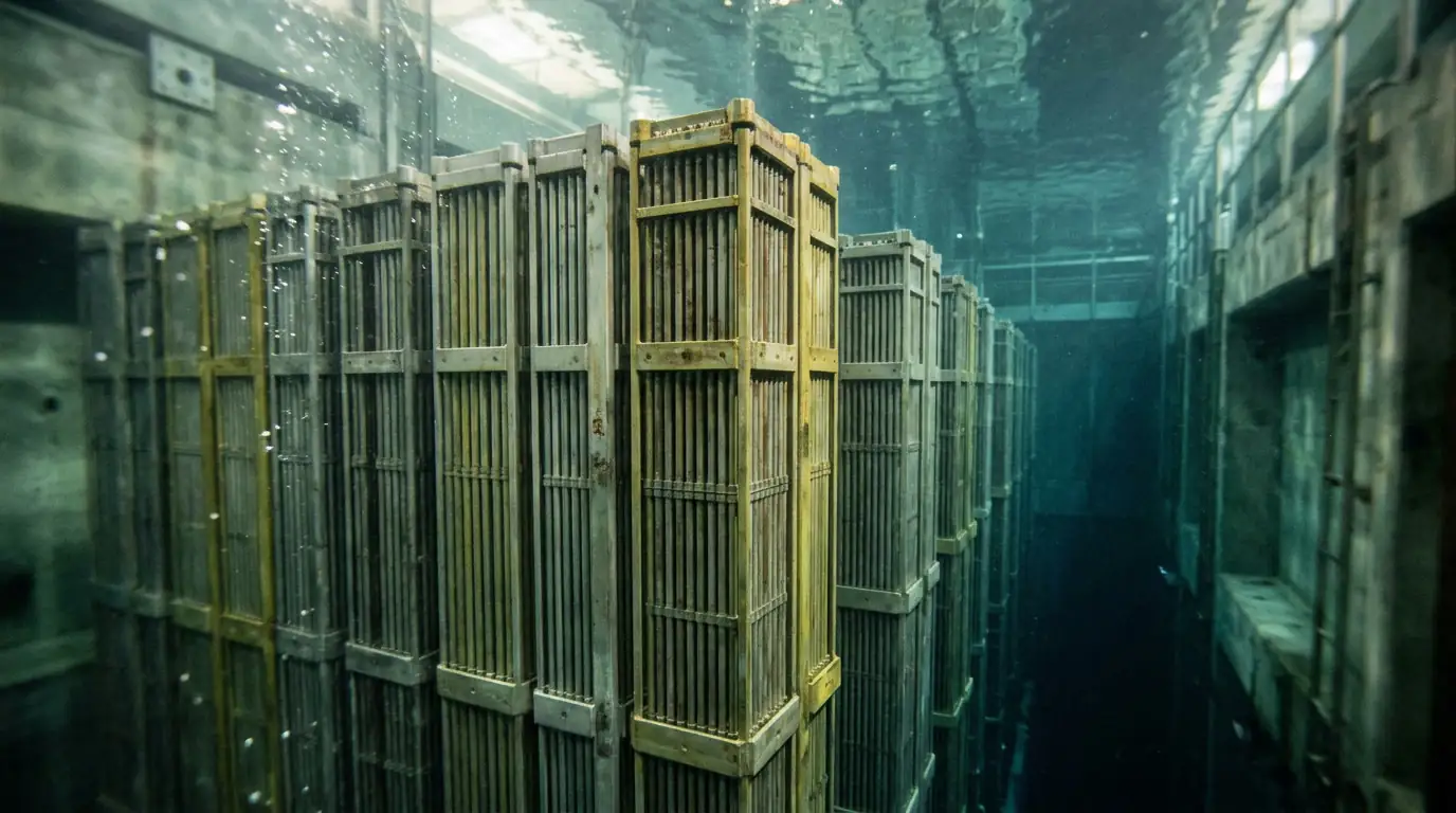 Assemblage de combustible nucléaire à gaine métallique dans une piscine de réacteur.