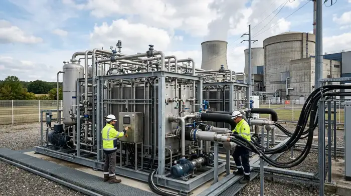 Électrolyseur industriel raccordé à une centrale nucléaire pour produire de l'hydrogène bas-carbone.