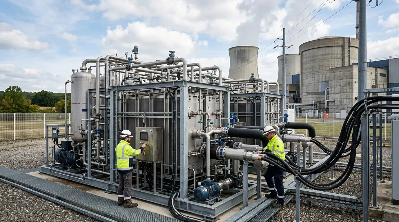 Électrolyseur industriel raccordé à une centrale nucléaire pour produire de l'hydrogène bas-carbone.