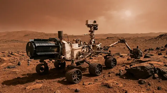 Générateur thermoélectrique à radio-isotopes installé sur un rover martien sous un ciel rougeâtre.