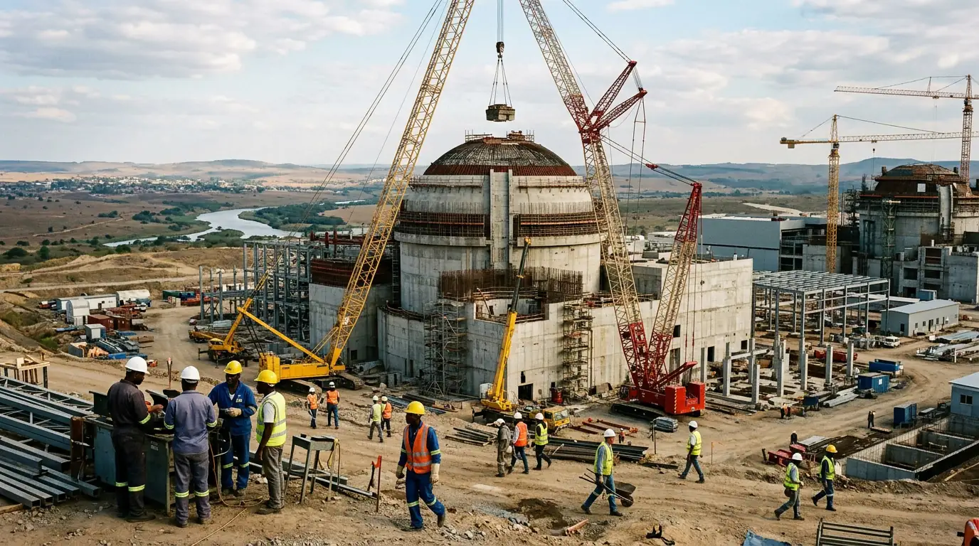 Chantier d'une première centrale nucléaire dans un pays émergent, grues et dôme de confinement.