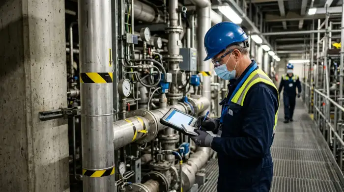 Inspecteur de l'Agence internationale de l'énergie atomique relevant des données dans une installation nucléaire civile.
