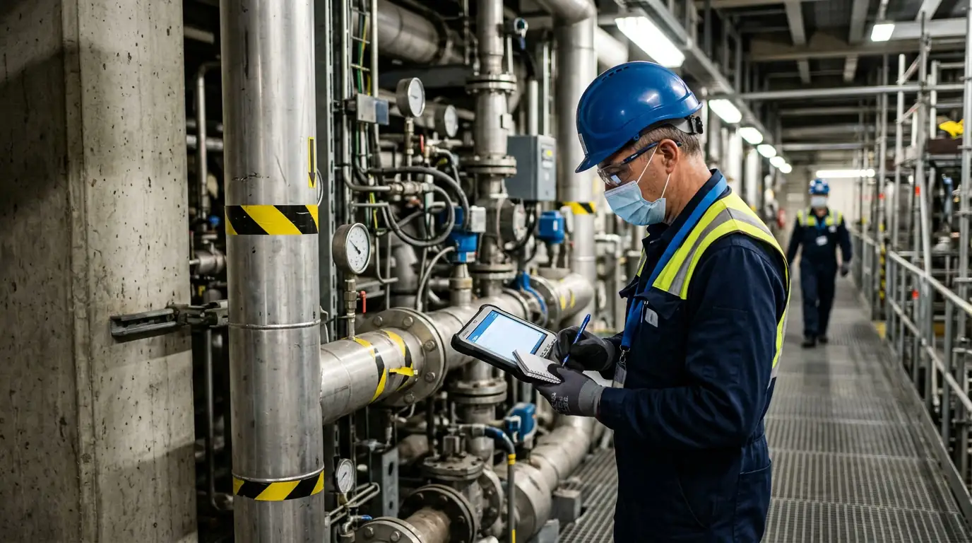 Inspecteur de l'Agence internationale de l'énergie atomique relevant des données dans une installation nucléaire civile.