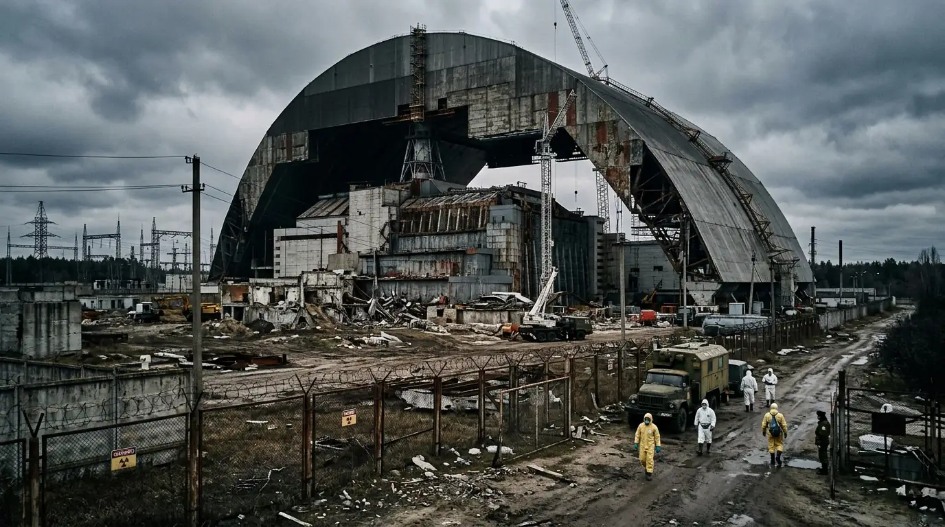 Réacteur accidenté sous confinement, symbole de l'impact des catastrophes nucléaires sur les politiques.