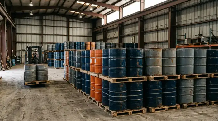Fûts de yellowcake d'uranium concentré stockés dans un entrepôt minier, prêts à l'exportation.