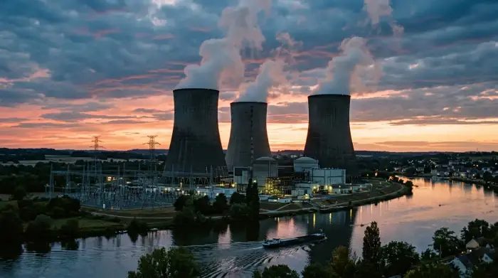 Tours de refroidissement d'une centrale nucléaire au crépuscule.