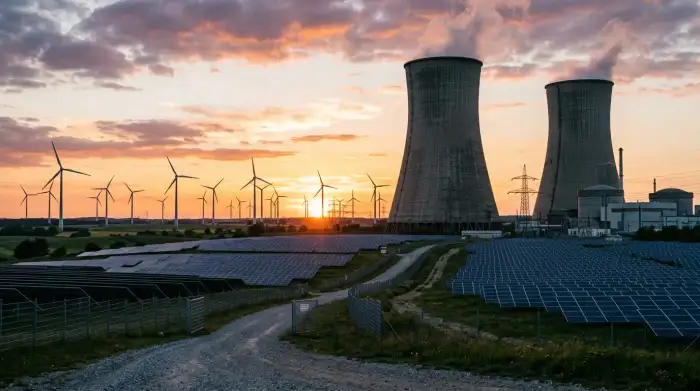 Tours de refroidissement d'une centrale nucléaire surplombant un parc d'éoliennes et de panneaux solaires au coucher du soleil.