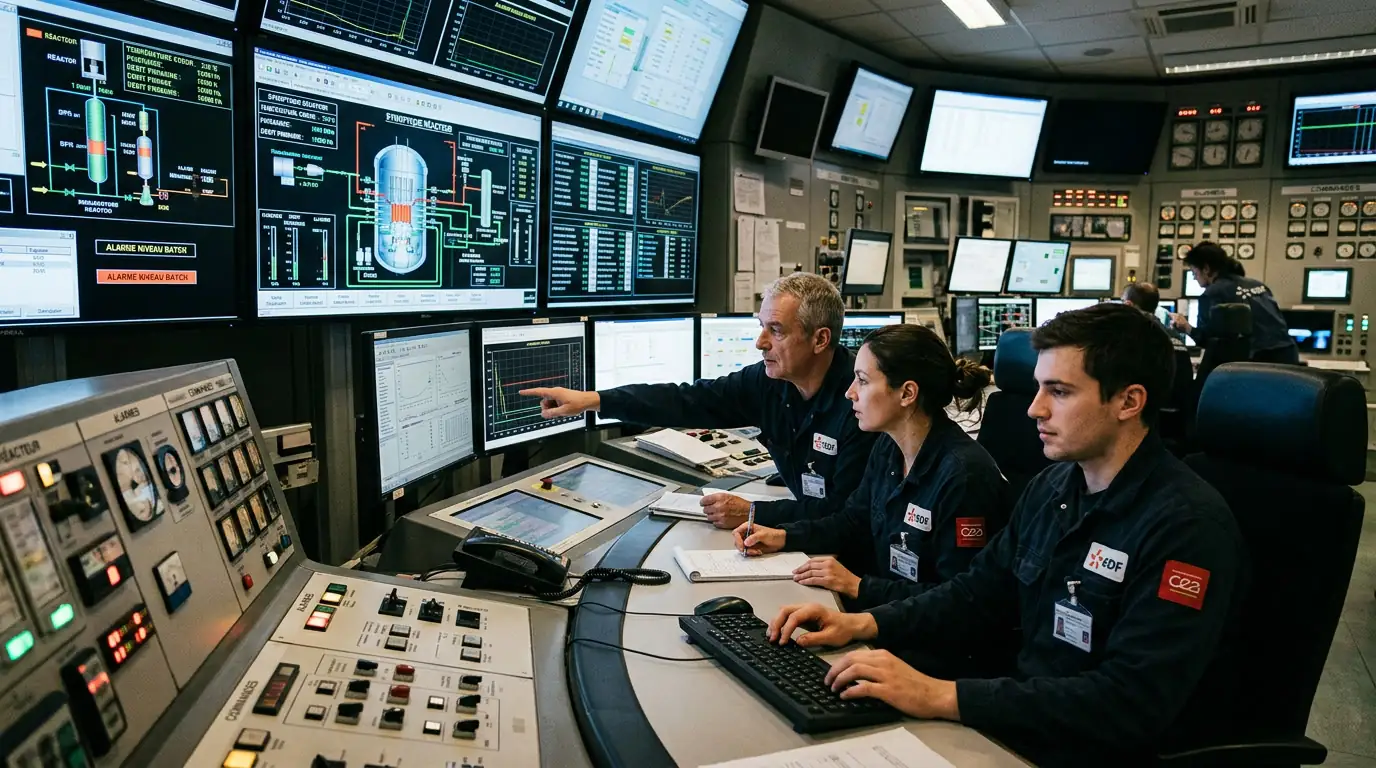 Ingénieurs surveillant des données sur des écrans dans une salle de commande nucléaire.