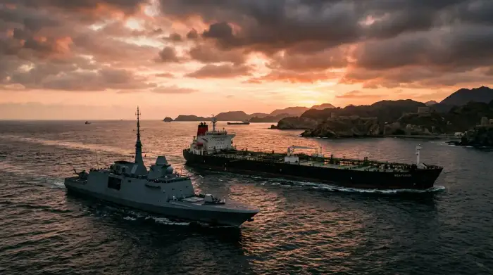 Pétrolier escorté par une frégate militaire dans un détroit stratégique au coucher du soleil.