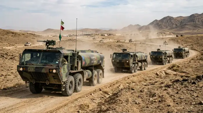 Convoi de camions-citernes militaires acheminant du carburant sur un théâtre d'opérations.