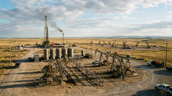 Site de forage de pétrole de schiste avec pompes dans une plaine américaine.