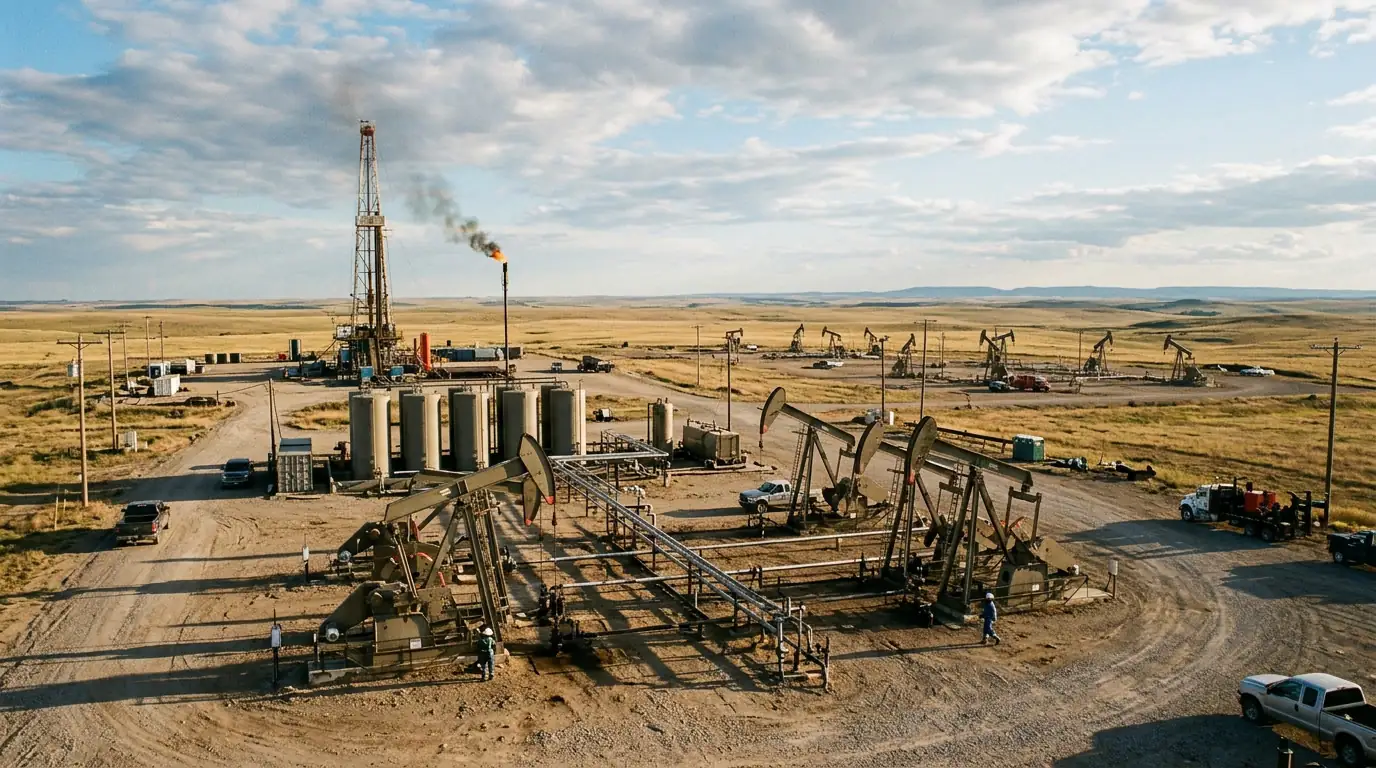 Site de forage de pétrole de schiste avec pompes dans une plaine américaine.