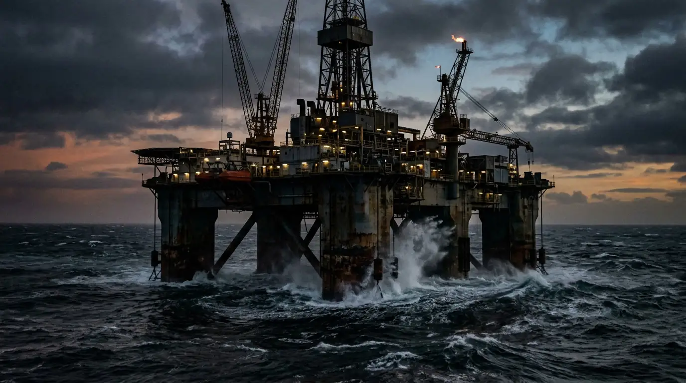Plateforme pétrolière en mer dans des conditions difficiles au crépuscule.