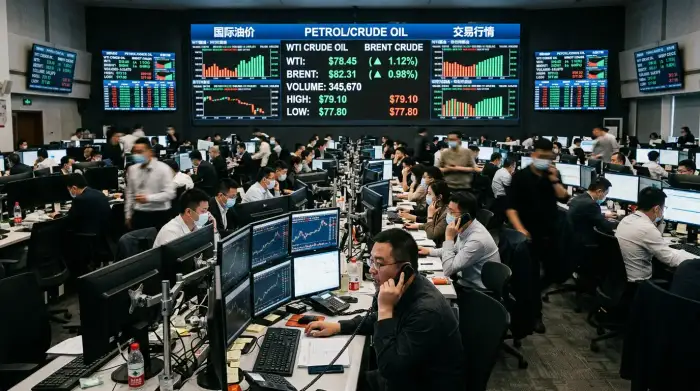 Salle de marché asiatique affichant des cotations de pétrole brut sur des écrans.