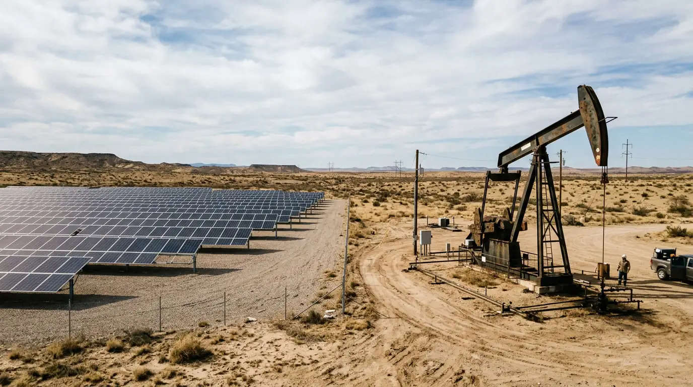 Panneaux solaires et chevalet de pompage pétrolier côte à côte dans un paysage désertique.