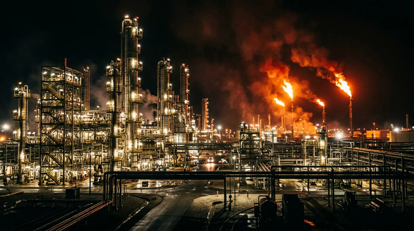 Raffinerie de pétrole illuminée la nuit avec ses tours de distillation et torchères.