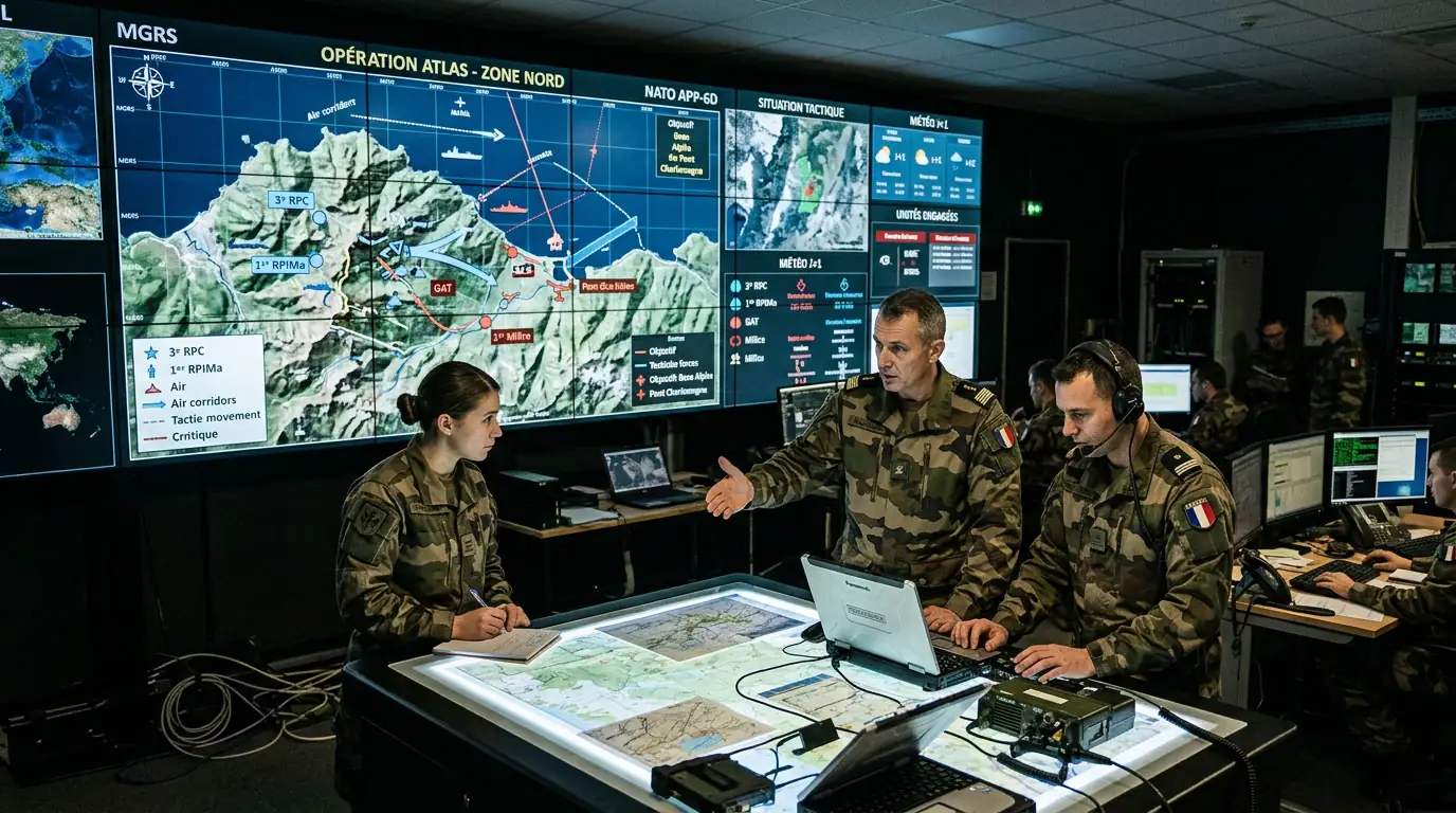 Salle de commandement militaire affichant une simulation numérique de théâtre d'opérations sur grands écrans.